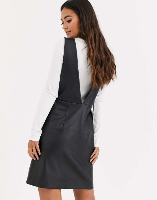 Pimkie V neck faux leather pinny dress in black | ASOS