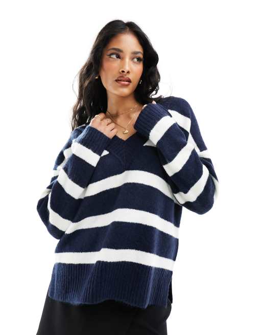 Hollister slouchy half zip striped jumper in navy