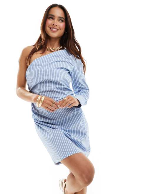 Pimkie - Vestito corto monospalla in popeline a righe blu e bianco