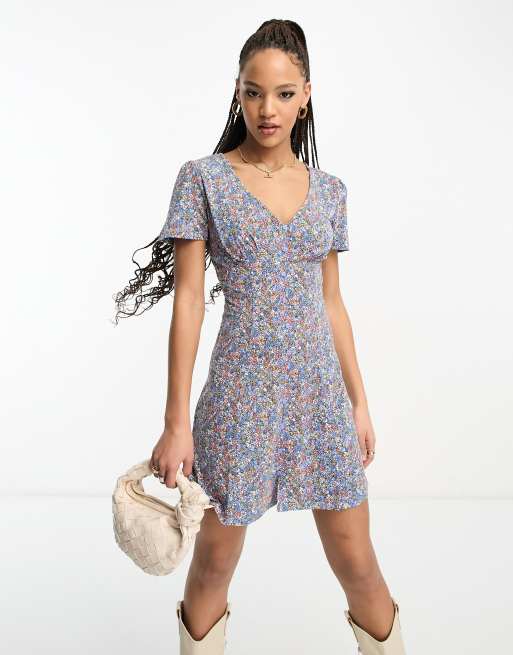 Pimkie - Vestito da giorno corto blu a fiori con bottoni