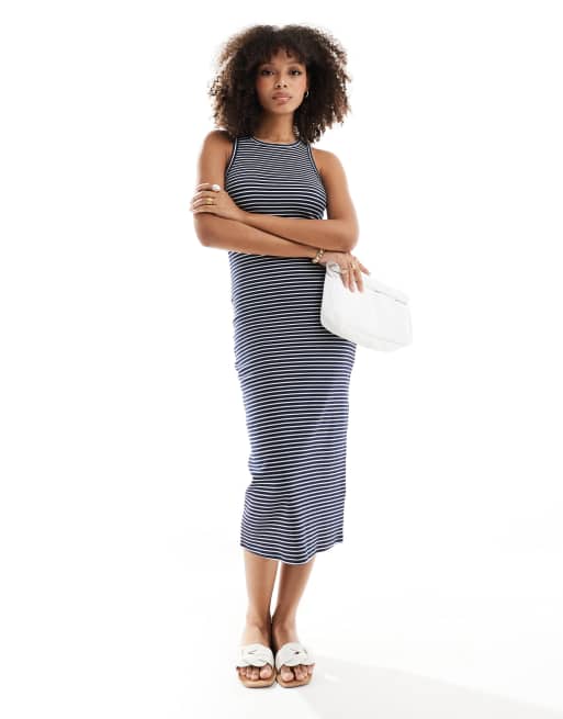 Pimkie - Vestito midi a righe blu navy a coste con scollo a vogatore