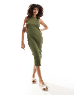 Pimkie - Vestito midi color kaki a coste con scollo a vogatore