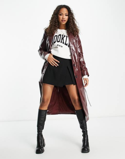 Pimkie vinyl longline coat with tie detail in bordeaux, 4 of 4