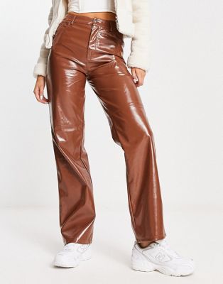 Pimkie vinyl straight leg trousers with panel detail in brown