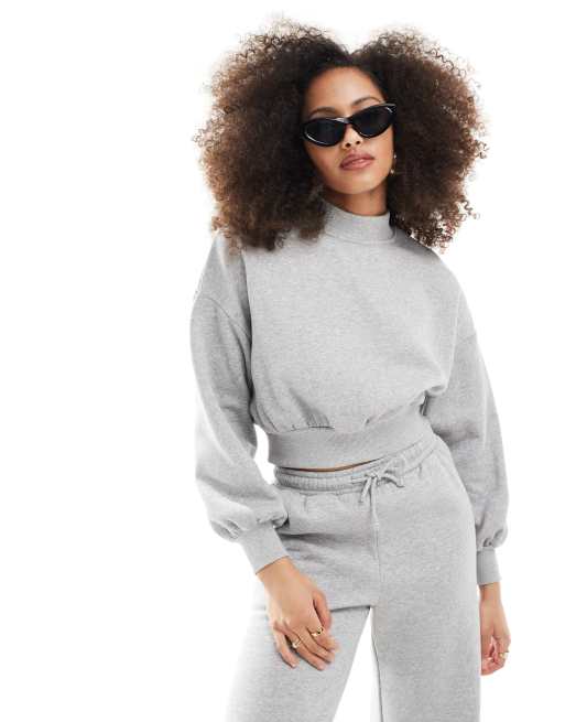 Pimkie volume sleeve high neck cropped sweatshirt in light grey (part of a set)