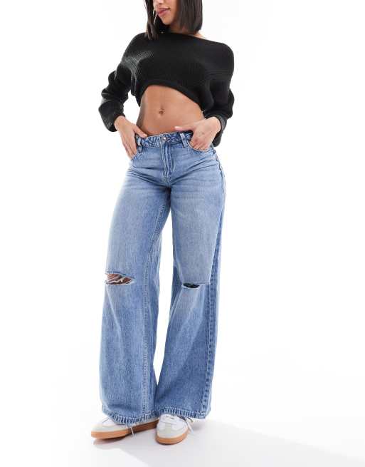 Pimkie – Weite, zerrissene Jeans in hellblauer Waschung mit mittelhohem Bund