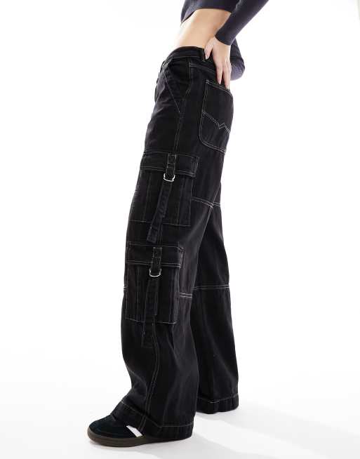 Black Cargo Pocket Wide Leg Jeans