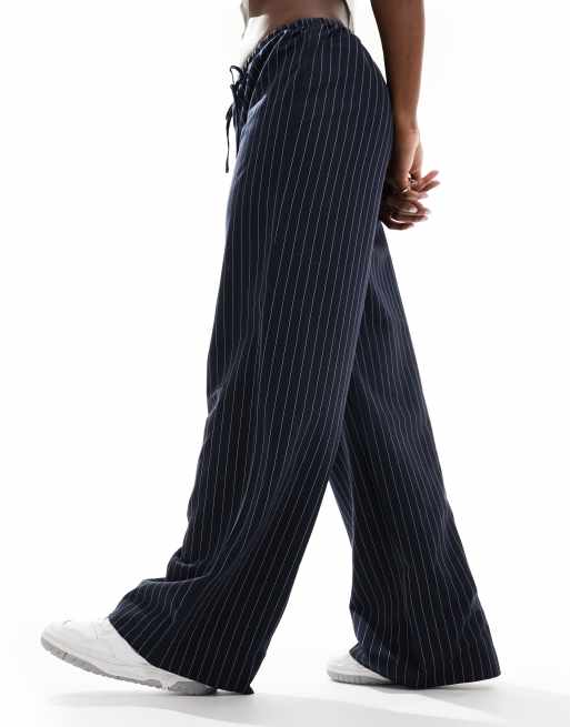 Pimkie wide leg drawstring tie waist pants in navy pinstripe, 3 of 5