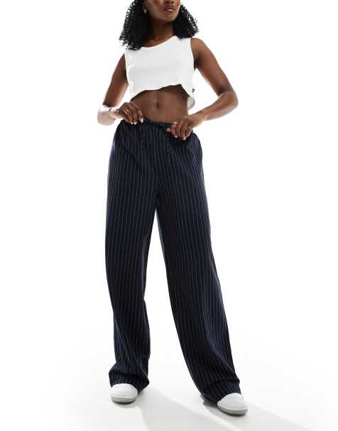 Pimkie wide leg drawstring tie waist trousers in navy pinstripe