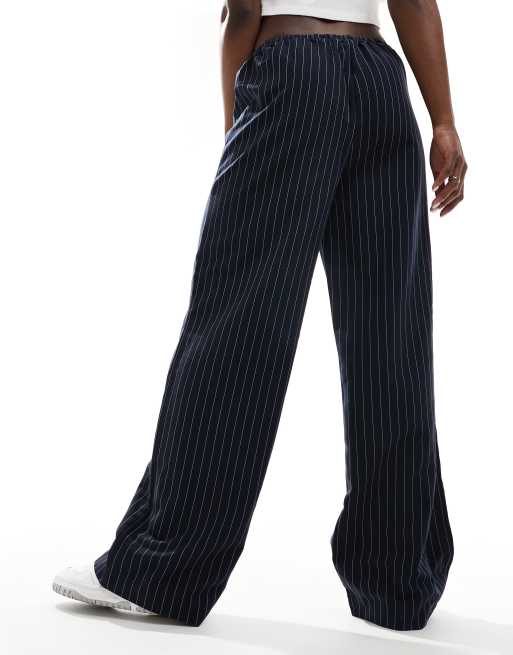 Pimkie wide leg drawstring tie waist trousers in navy pinstripe, 2 of 5
