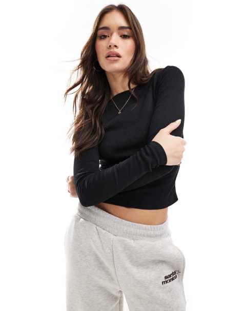 Pimkie wide neck fine rib long sleeve top in black - view 1