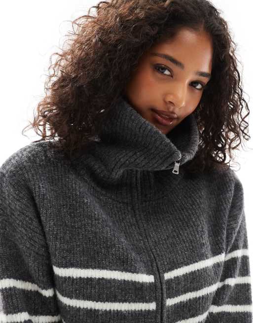 Pimkie – Woll-Strickjacke in gestreiftem Anthrazit mit Rollkragen und Reißverschluss, 2 von 4