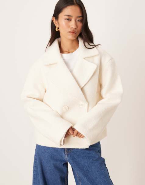 Pimkie wool look double breasted collared cropped jacket in cream