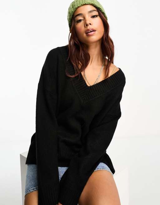 Black Slouchy V Neck Ribbed Longline Jumper