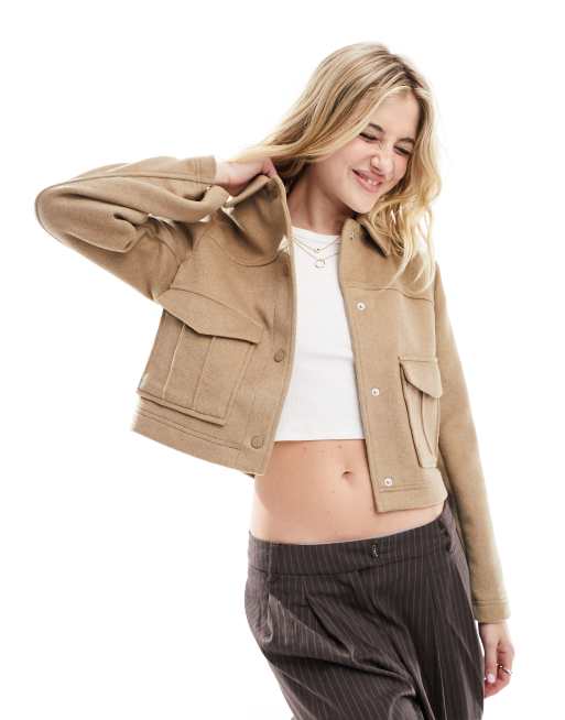 Pimkie wool mix pocket detail jacket in taupe