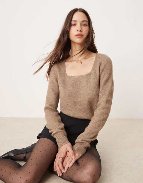 Pimkie wool mix square neck jumper in camel - view 1