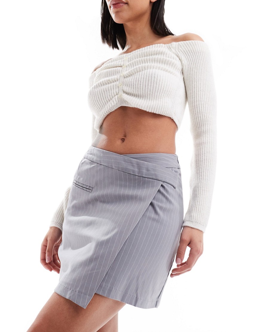 Pimkie wrap detail mini skirt in grey pinstripe