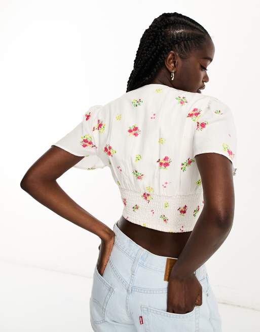 Pimkie wrap front cropped blouse in white floral ASOS