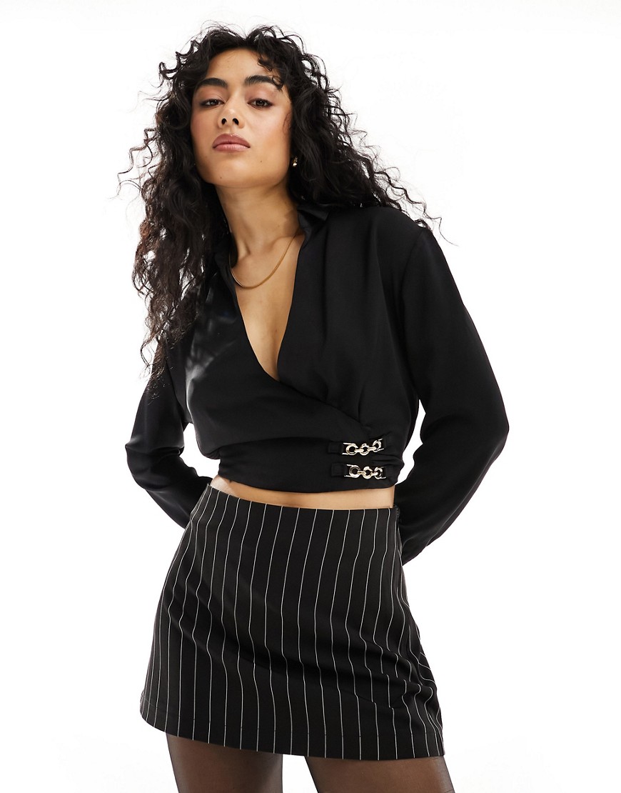 Pimkie wrap front cropped blouse with chain detail in black
