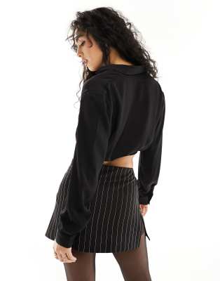 Pimkie wrap front cropped blouse with chain detail in black