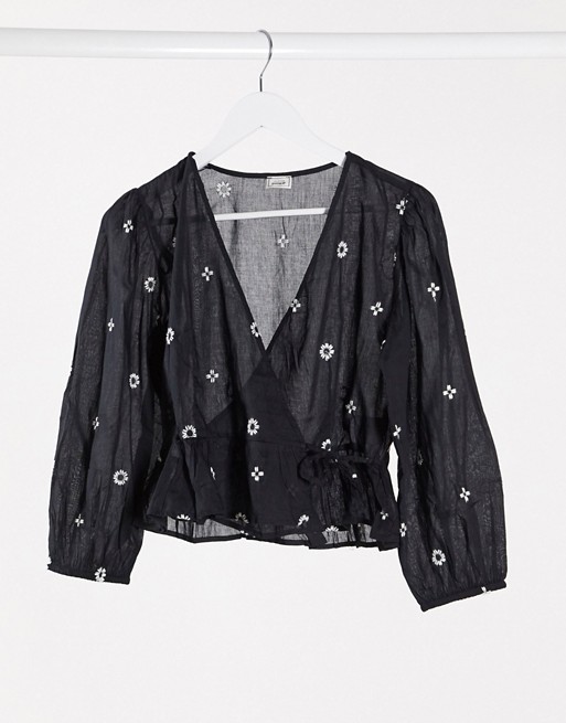 Pimkie wrap front floral embroidered blouse in black