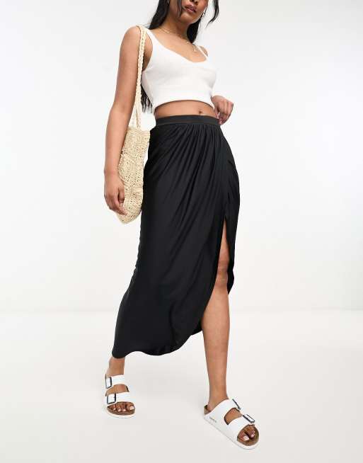 Pimkie wrap front midi skirt in black | ASOS