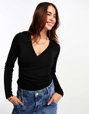 Pimkie wrap front polo long sleeve top in black