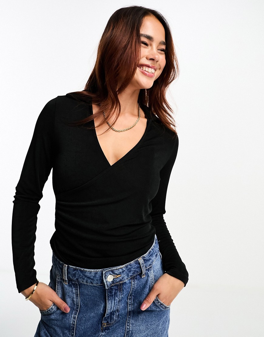 Pimkie wrap front polo long sleeve top in black