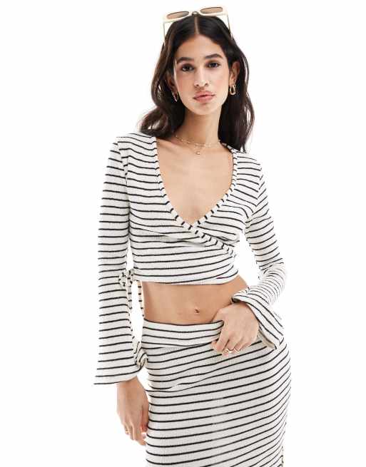 Pimkie wrap v neck top in black and white stripe (part of a set)