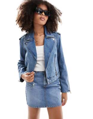 Pimkie Pimkie zip detail denim biker jacket in blue-Neutral