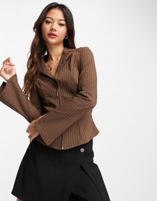 Pimkie zip detail shirt with wide sleeve co-ord in brown pinstripe