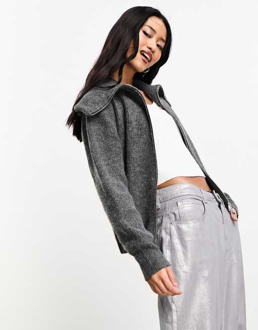 Pimkie zip through oversized collar jumper in charcoal grey | ASOS