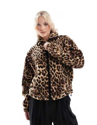 Pimkie zip through teddy borg fleece in leopard print-Multi