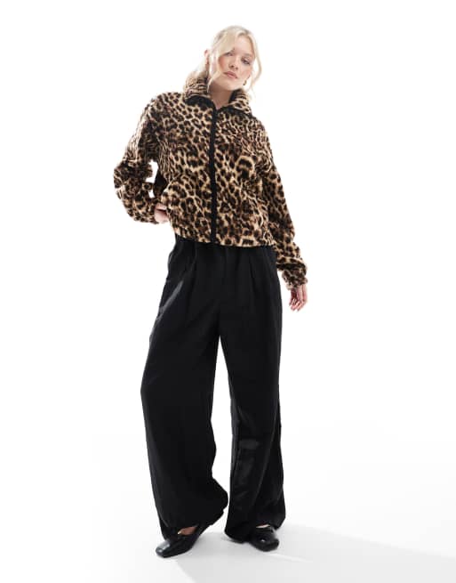 Pimkie zip through teddy borg fleece in leopard print