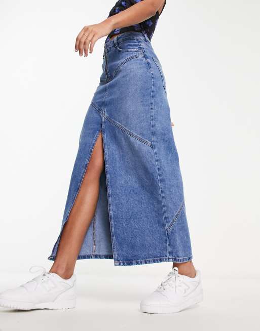 Denim midi outlet skirt with zipper