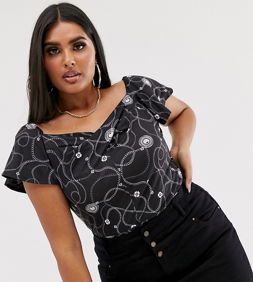 Pink Clove body with frill sleeves in luxe chain print-Black
