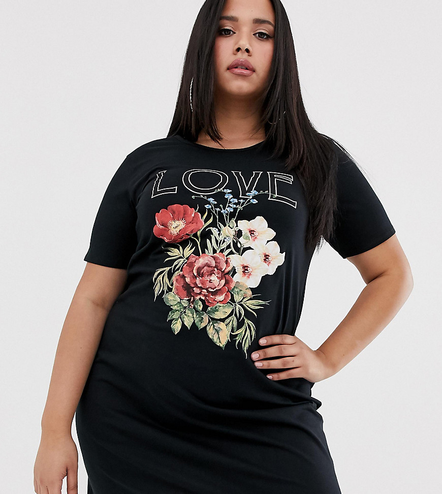 Pink Clove - Love - Exclusieve ruimvallende T-shirtjurk met gebloemde grafische print-Zwart