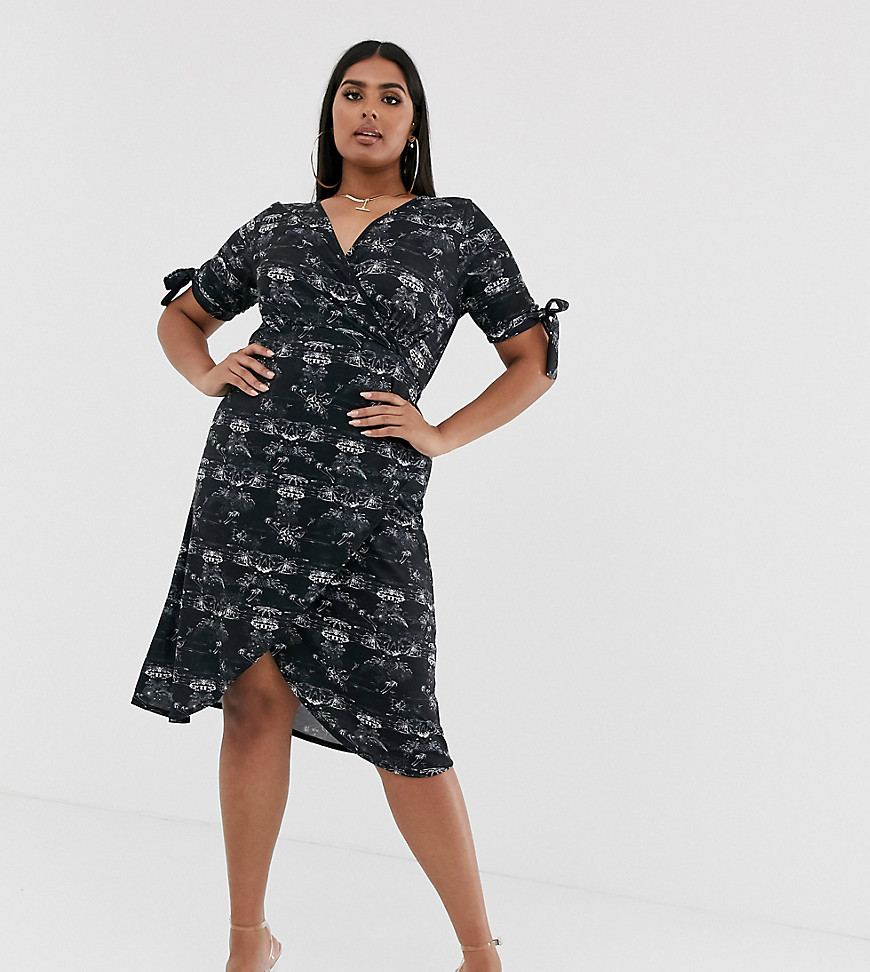 Pink Clove midi dress with tie sleeves in scenic print-Black