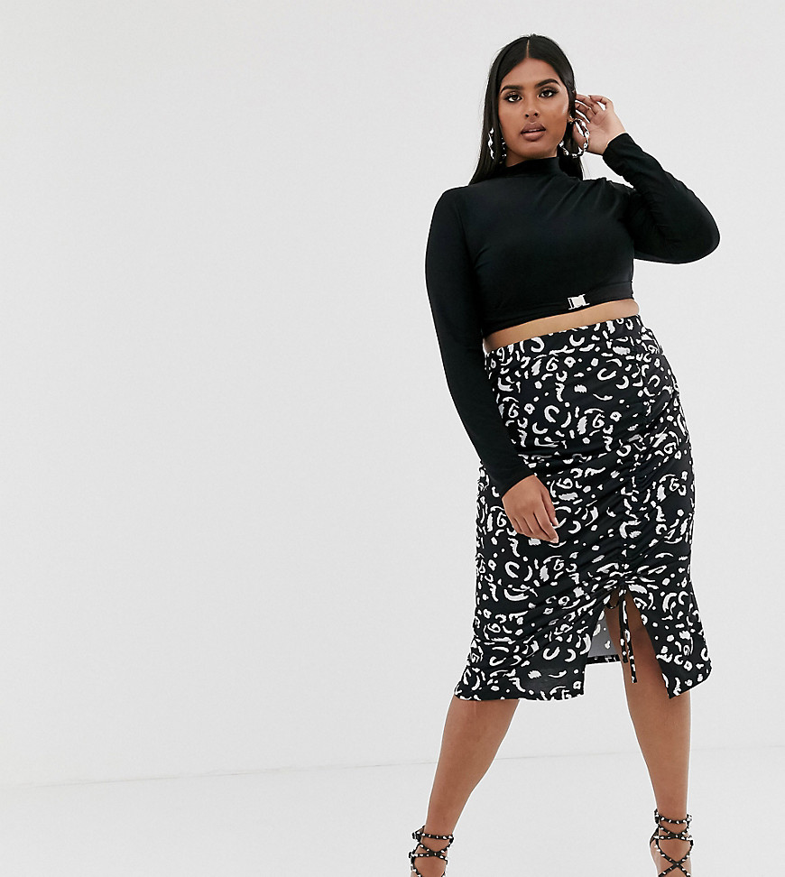Pink Clove midi skirt with ruching in abstract print-Black