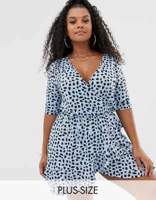 Pink Clove mini wrap dress with ruffle hem in blue spot