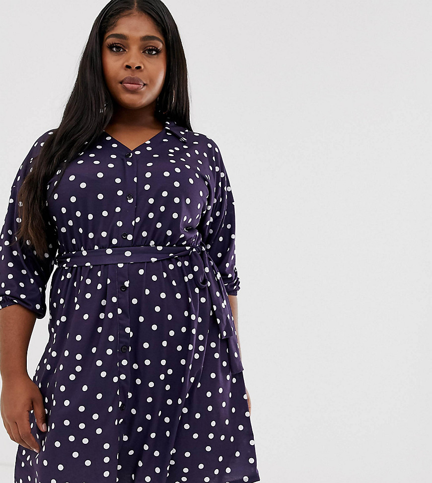 Pink Clove shirt dress with balloon sleeves and tie waist in polka dot print-Navy