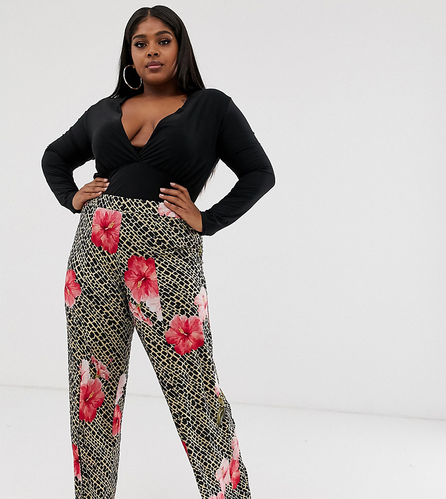 Pink Clove tailored trousers with split front in tropical animal print-Multi