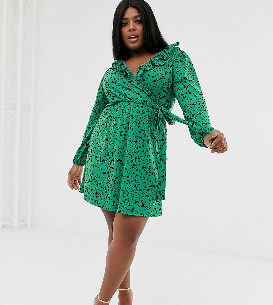 Pink Clove wrap front mini dress with balloon sleeve in green scatter print
