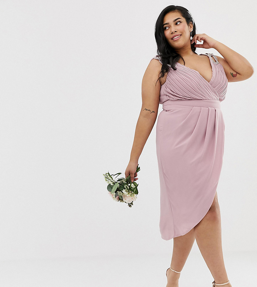 Pink eksklusiv midi slå-om-brudepigekjole fra TFNC Plus
