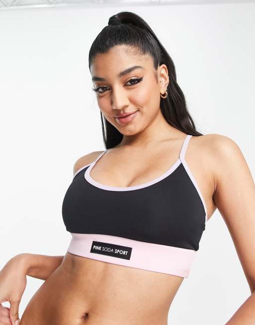 Pink Soda Breeze medium support colour block sports bra in black