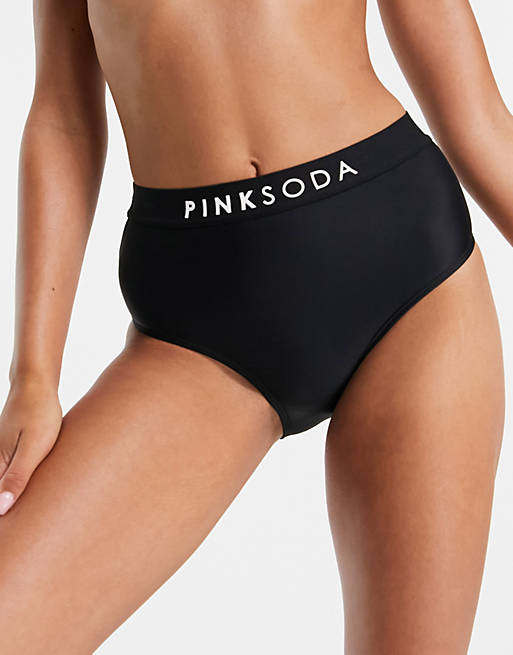 Pink Soda high waisted logo bikini bottoms in black