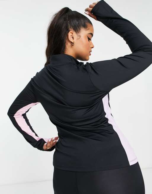 Pink Soda Plus Breeze 1 4 zip long sleeve colourblock top in black