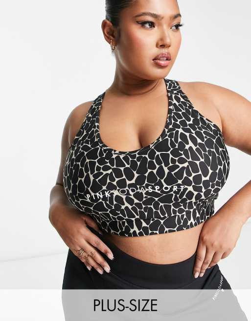 Pink Soda Plus - Reggiseno sportivo nero a sostegno leggero con stampa animalier