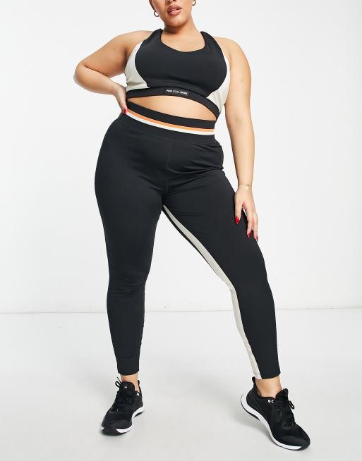 Pink Soda Plus stripe waist band leggings in black