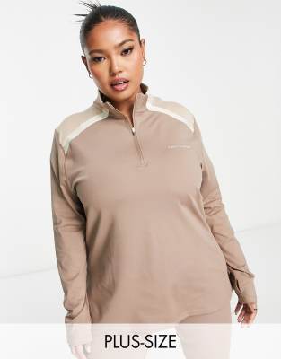 Pink Soda Plus - Top a maniche lunghe color tortora con zip corta